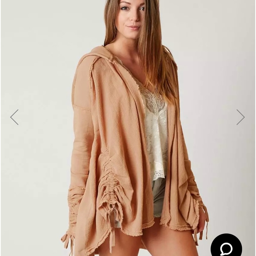 NWOT Free People Get Yer Gauze cardigan size XS. Light brown, side ties. A hood